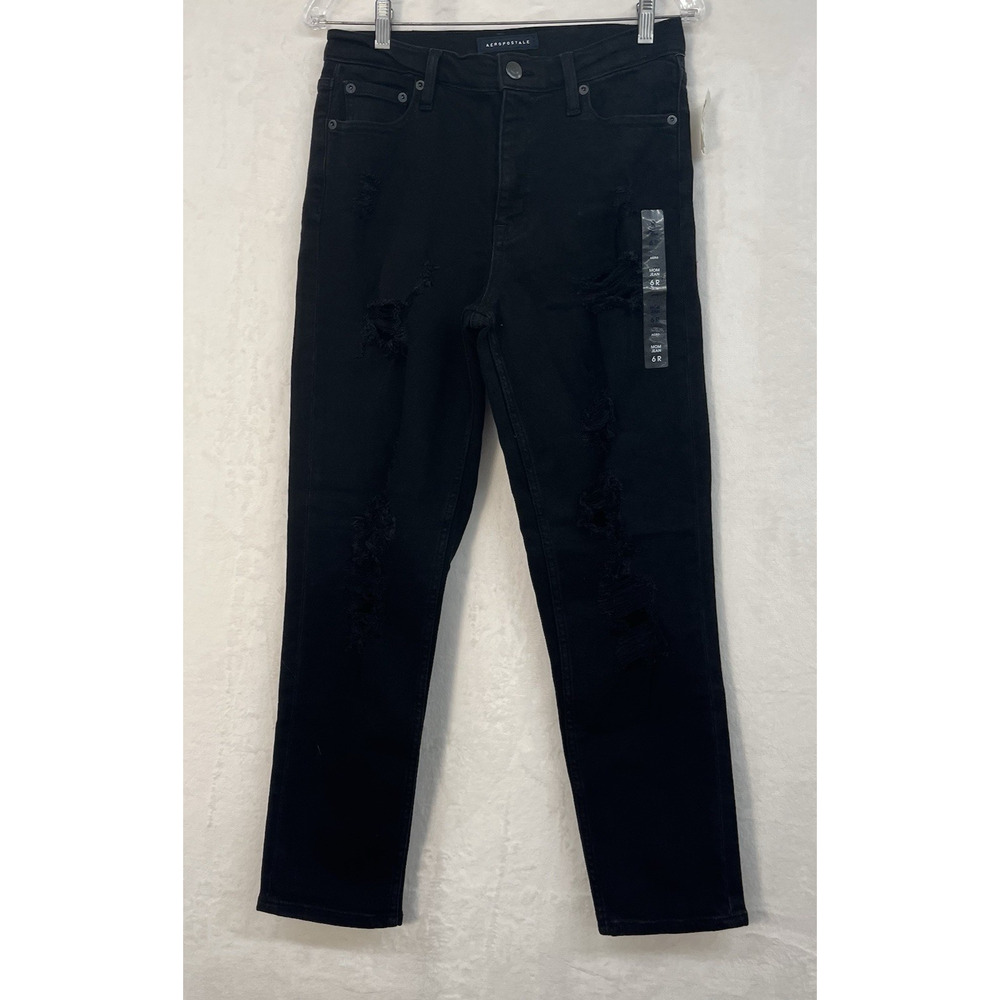 NWT Aeropostale Women's Stretch Mom Straight Jeans 6R Black Faded Distressed FS